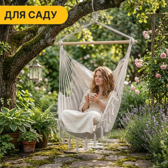 Підвісне бразильське крісло-гамак LEOBRO XL Cream з подушками (LB-1115)