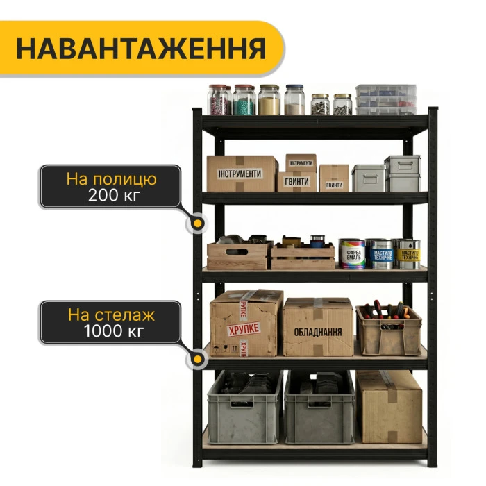 Стеллаж LEOBRO Premium Black 180 х 100 х 60 см, 200кг/полка, 5 полок (LB-R130)