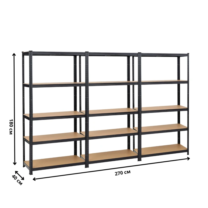 Набір із трьох стелажів LEOBRO Чорний 180 х 270 х 40 см, 175кг/полиця, 5 полиць (LB-R175-BLKX3)