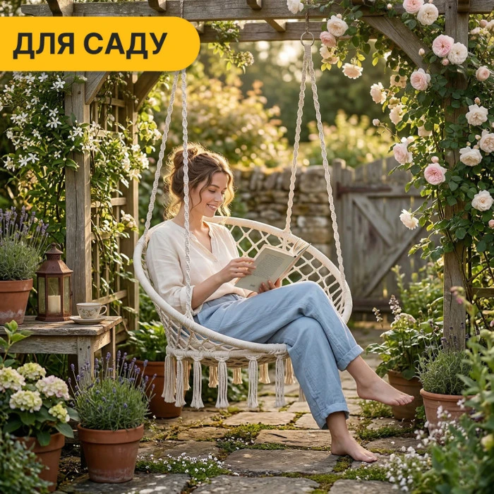 Підвісне плетене крісло-гойдалка LEOBRO Boho XL 80 см Cream з подушкою (LB-1106)