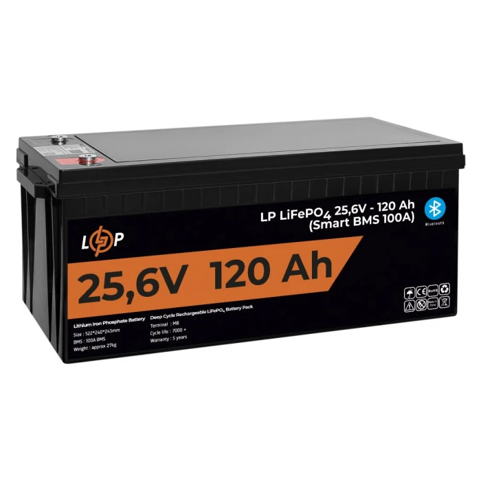 Аккумулятор LP LiFePO4 25,6V - 120 Ah (3072Wh) (Smart BMS 100А) с BT пластик для ИБП