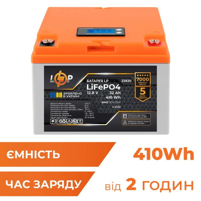 Аккумулятор LP LiFePO4 12,8V - 32 Ah (410Wh) (BMS 50А/25A) пластик LCD для ИБП