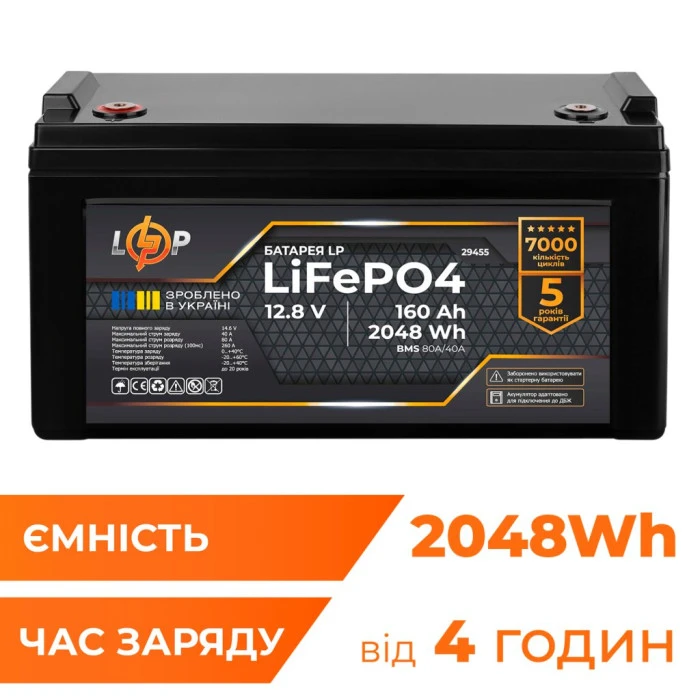 Аккумулятор LP LiFePO4 12,8V - 160 Ah (2048Wh) (BMS 80A/40А) пластик для ИБП
