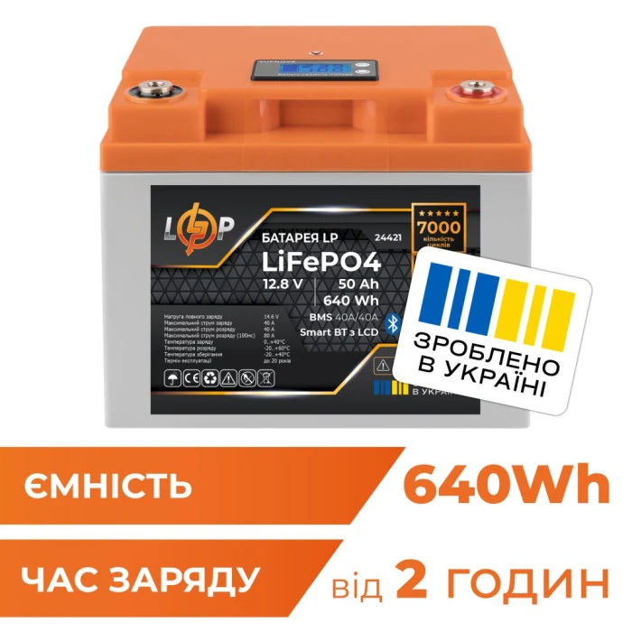 Аккумулятор LP LiFePO4 12,8V – 50 Ah (640Wh) (BMS 40A/40А) пластик LCD Smart BT
