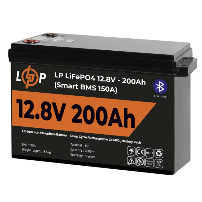 Аккумулятор LP LiFePO4 12V (12,8V) – 200 Ah (2560Wh) (Smart BMS 150А) с BT пластик