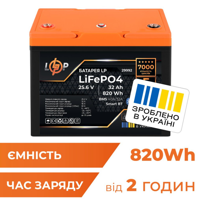 Аккумулятор LP LiFePO4 25,6V - 32 Ah (820Wh) (BMS 40A/32А) пластик Smart BT