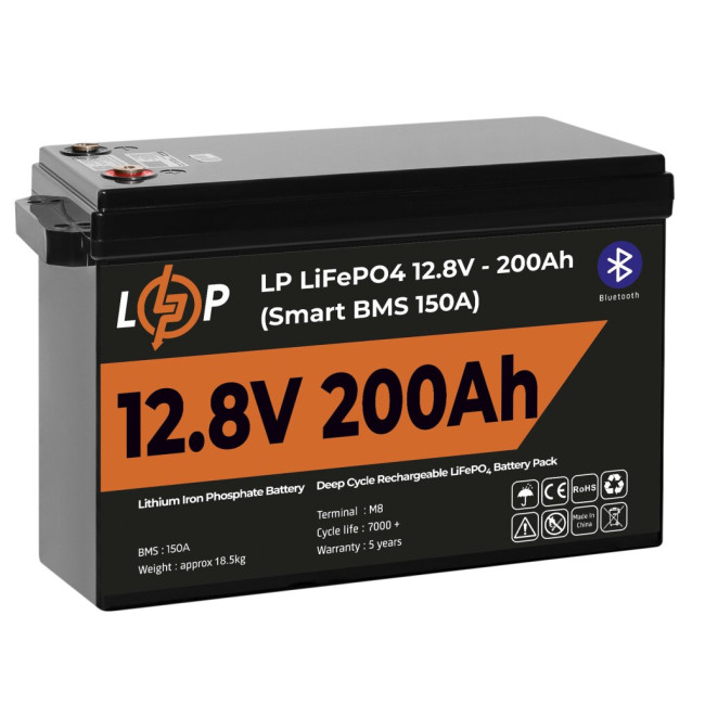 Аккумулятор LP LiFePO4 12V (12,8V) – 200 Ah (2560Wh) (Smart BMS 150А) с BT пластик