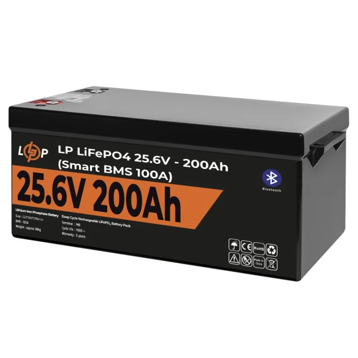 Аккумулятор LP LiFePO4 24V (25,6V) – 200 Ah (5120Wh) (Smart BMS 100А) с BT пластик