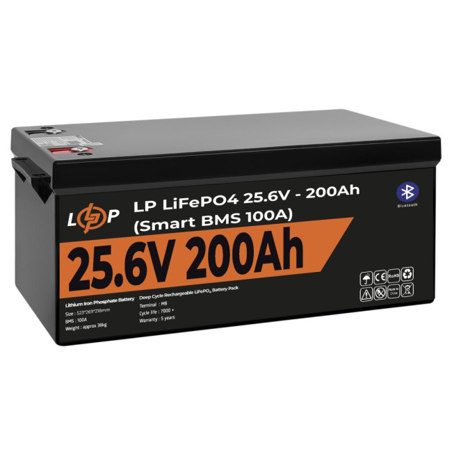 Аккумулятор LP LiFePO4 24V (25,6V) – 200 Ah (5120Wh) (Smart BMS 100А) с BT пластик
