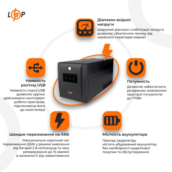 Джерело безперебійного живлення (ДБЖ) LPM-U1100VA-P (770Вт)