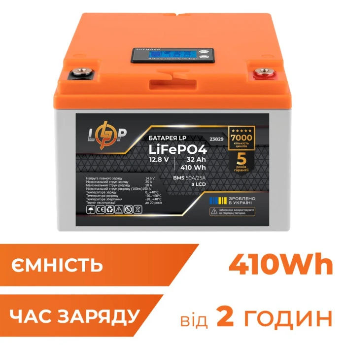 Аккумулятор LP LiFePO4 12,8V - 32 Ah (410Wh) (BMS 50А/25A) пластик LCD
