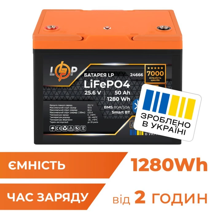 Аккумулятор LP LiFePO4 25,6V - 50 Ah (1280Wh) (BMS 80A/50А) пластик Smart BT