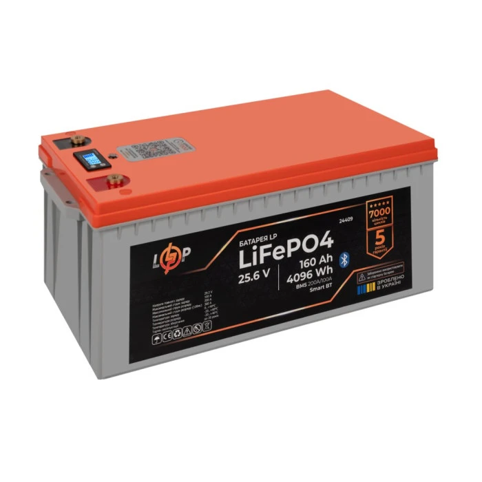 Аккумулятор LP LiFePO4 25,6V - 160 Ah (4096Wh) (BMS 200A/100А) пластик LCD Smart BT