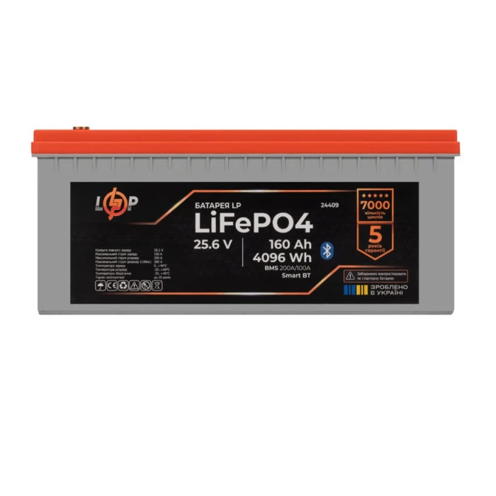 Аккумулятор LP LiFePO4 25,6V - 160 Ah (4096Wh) (BMS 200A/100А) пластик LCD Smart BT