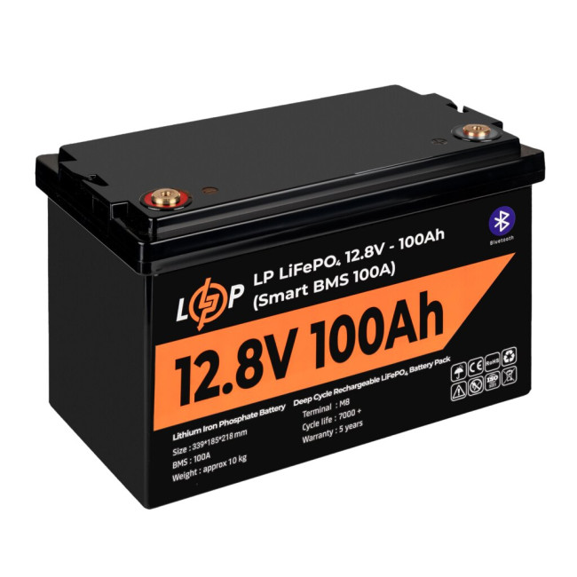 Аккумулятор LP LiFePO4 12V (12,8V) – 100 Ah (1280Wh) (Smart BMS 100А) с BT пластик