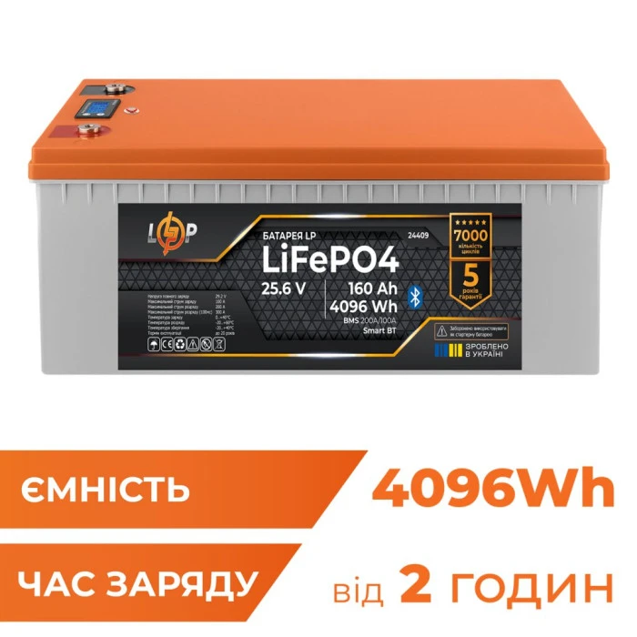 Аккумулятор LP LiFePO4 25,6V - 160 Ah (4096Wh) (BMS 200A/100А) пластик LCD Smart BT