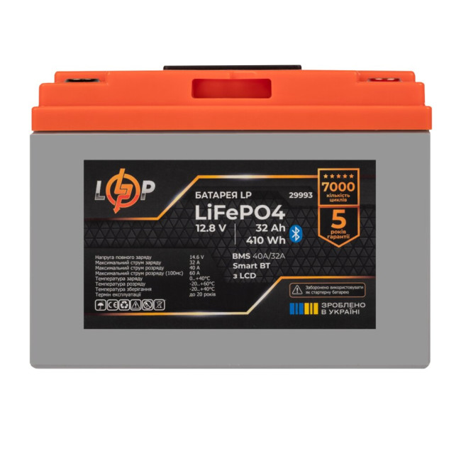 Аккумулятор LP LiFePO4 12,8V - 32 Ah (410Wh) (BMS 40А/32A) пластик LCD Smart BT