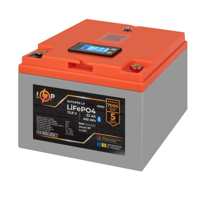 Аккумулятор LP LiFePO4 12,8V - 32 Ah (410Wh) (BMS 40А/32A) пластик LCD Smart BT