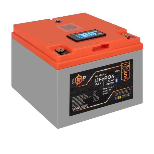 Аккумулятор LP LiFePO4 12,8V - 32 Ah (410Wh) (BMS 40А/32A) пластик LCD Smart BT