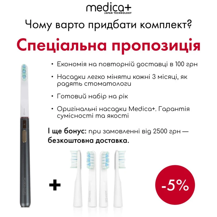 Отбеливающая звуковая зубная щетка MEDICA+ Lux 10ХN Aluminum Portable Grey (Japan)