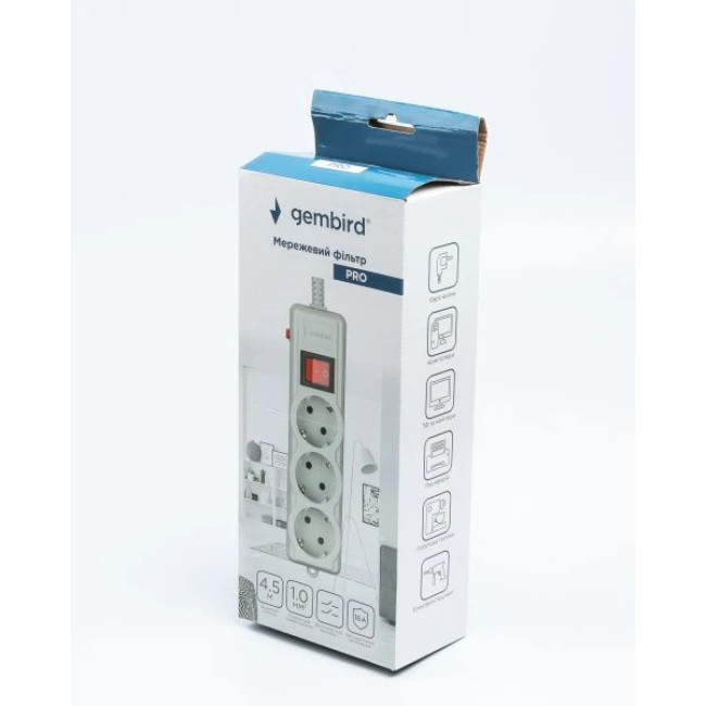 Сетевой фильтр Gembird серый, 4,5 м кабель, 3 розетки SPG3-G-15G-PRO Gembird 17563