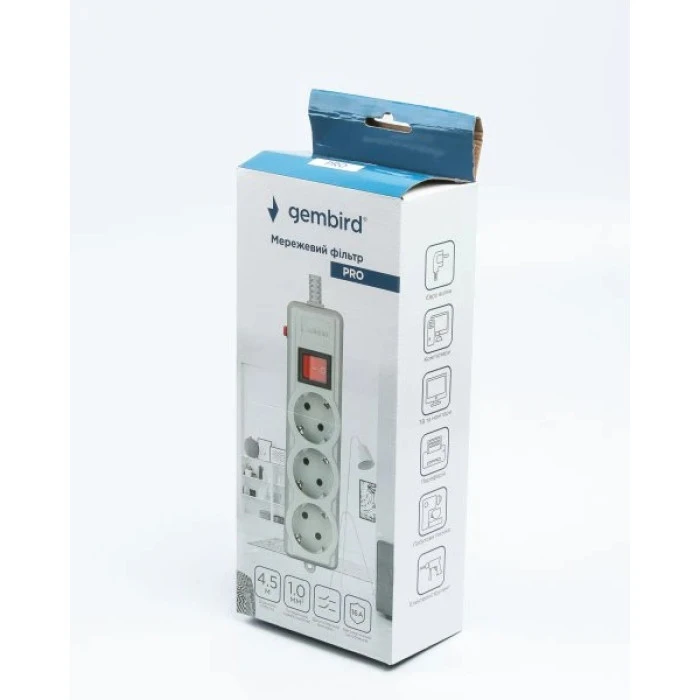 Сетевой фильтр Gembird серый, 4,5 м кабель, 3 розетки SPG3-G-15G-PRO Gembird 17563