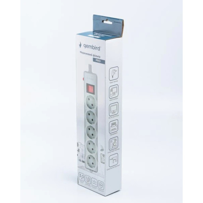 Сетевой фильтр Gembird серый, 3 м кабель, 5 розеток SPG5-G-10G-PRO Gembird 17568
