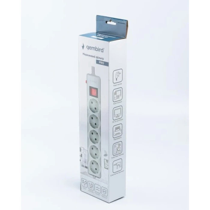 Сетевой фильтр Gembird серый, 3 м кабель, 5 розеток SPG5-G-10G-PRO Gembird 17568