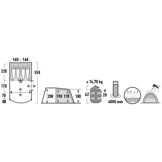 Палатка четырехместная High Peak Garda 4.0 Light Grey/Dark Grey/Green (11821)