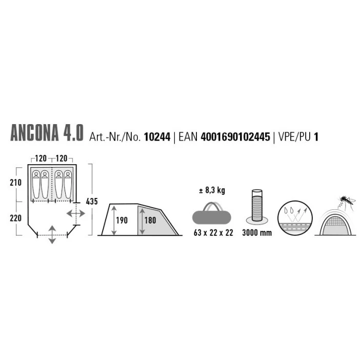 Палатка четырехместная High Peak Ancona 4.0 Light Grey/Dark Grey/Green (10244)