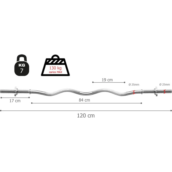 Гриф для штанги Toorx W-подібний 120 см 25 мм з гвинтовими замками (BCV-120)
